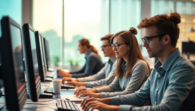 Stellenangebote: Menschen arbeiten an einem modernen Arbeitsplatz mit interaktiven Technologien.