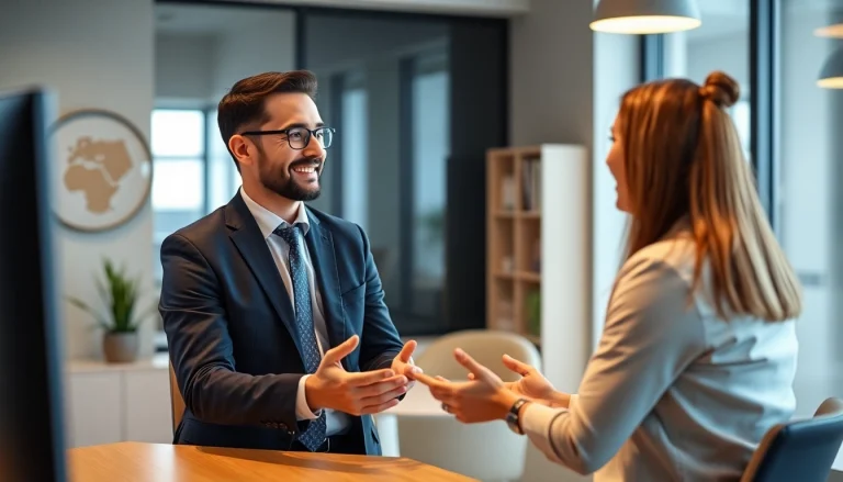 Headhunter conducting a professional interview with a job candidate in a modern office setting.