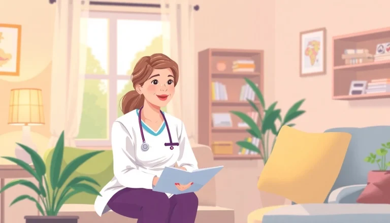 Engaging nurse offering pflegeberatung köln services to a family in a welcoming home environment.