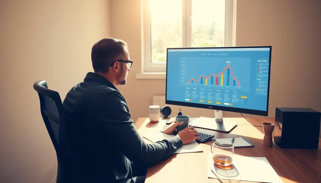 Grafiker analysiert SEO-Ranking-Daten am Computer für bessere Auffindbarkeit.