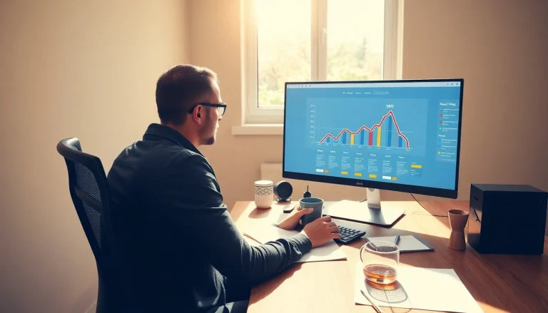 Grafiker analysiert SEO-Ranking-Daten am Computer für bessere Auffindbarkeit.