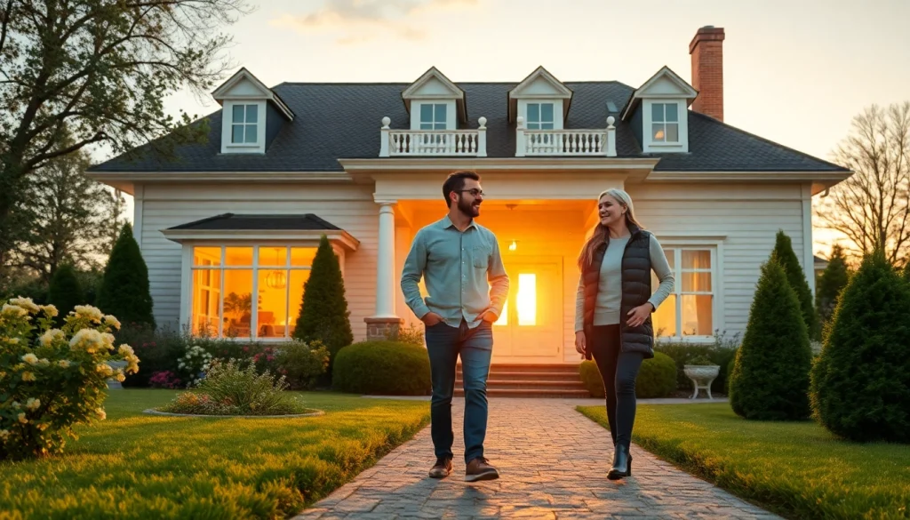 Glückliches Paar feiert den erfolgreichen Hauskauf vor ihrem neuen Zuhause mit einem Lebensgefühl von Zufriedenheit und Erfüllung.