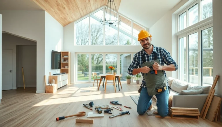 Handwerker arbeitet an einer modernen Hausrenovierung mit natürlichen Materialien.