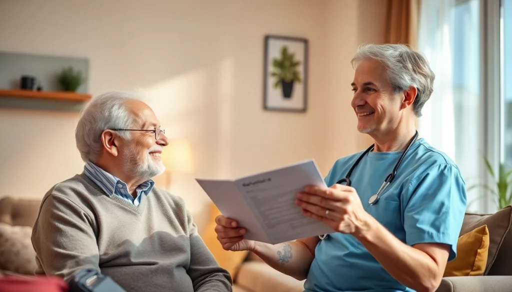 Pflegedienstmitarbeiter unterstützt freundlich einen älteren Menschen in einem hellen Wohnzimmer.