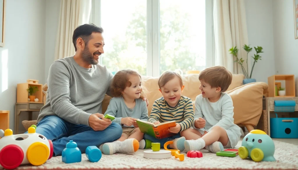 Kindererziehung: Erlebnisreiche Interaktion einer Familie beim Spielen im Wohnzimmer, die Freude und Liebe ausstrahlt.