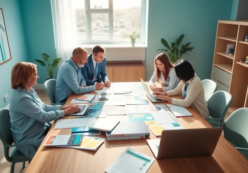 Boosting marketing für pflegedienste with engaging teamwork at a modern table.