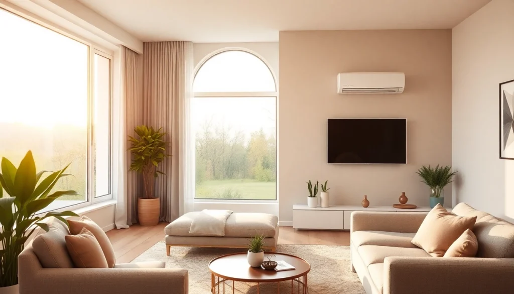 Klimaanlage kosten: Stilvolle Klimaanlage im Wohnzimmer zeigt moderne Designs und Kostenfaktoren für Installation und Nutzung.