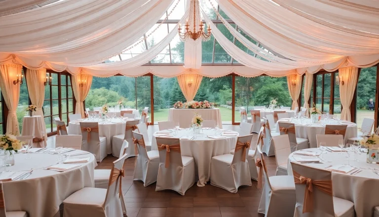 Hochzeitslocation mit wunderschöner Dekoration und stimmungsvollem Licht für den perfekten Hochzeitstag.