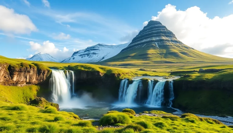 Beeindruckende Landschaft einer Reise nach Island mit Wasserfällen und schneebedeckten Bergen im Hintergrund.