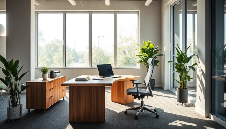 Büromöbel im modernen Büro: stilvoller Schreibtisch und ergonomischer Bürostuhl in einem lichtdurchfluteten Raum.