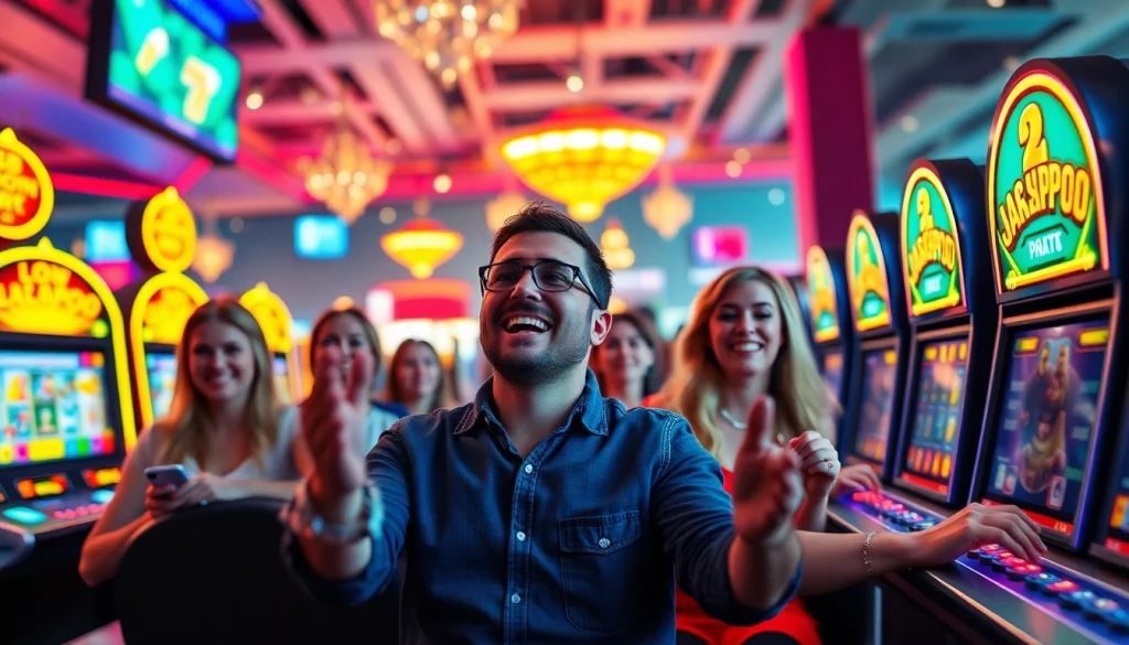 Erleben Sie das aufregende Spielerlebnis eines Online Casinos mit fröhlichen Spielern und bunten Spielautomaten.