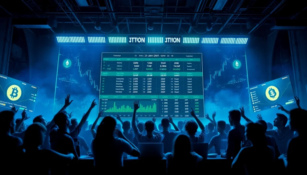 Engage in sports betting with crypto through a dynamic, futuristic platform showcasing diverse bettors and cryptocurrencies.