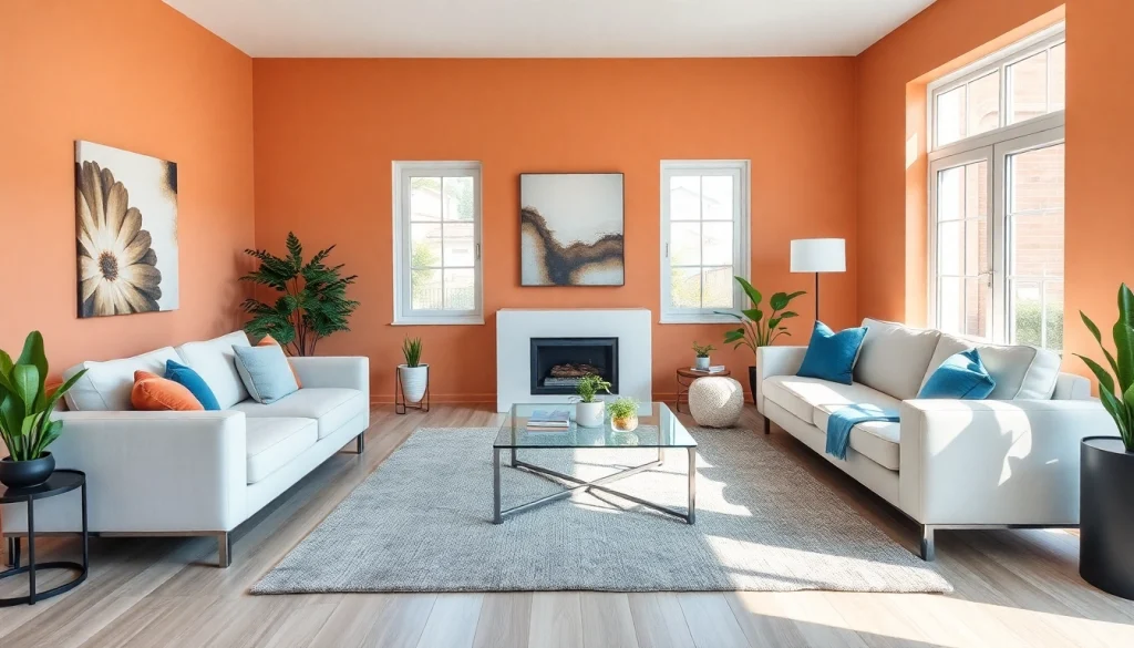 Moderne Raumgestaltung eines einladenden Wohnzimmers mit minimalistischen Möbeln und Pflanzen.