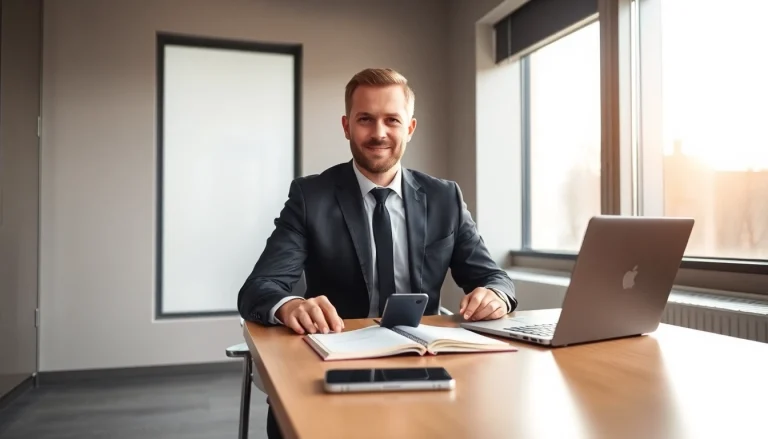 Das Bild zeigt einen professionellen Headhunter Düsseldorf, der in einem modernen Büro arbeitet und Bewerber findet.