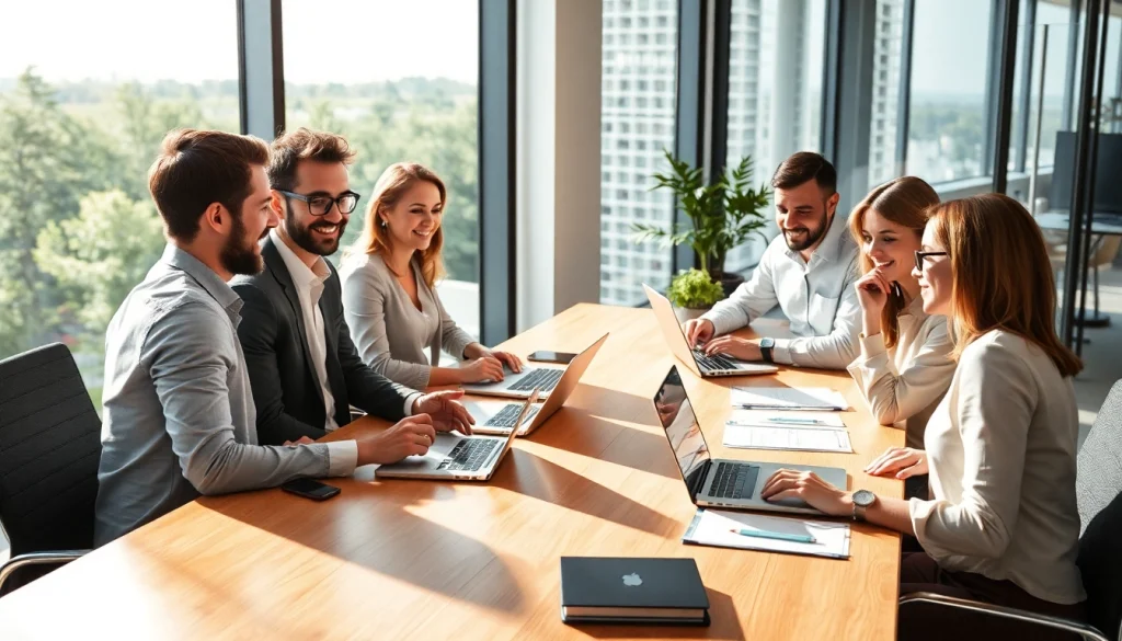 Personalvermittlung: Gruppe von Fachleuten im modernen Büro, engagiert in einer Besprechung.