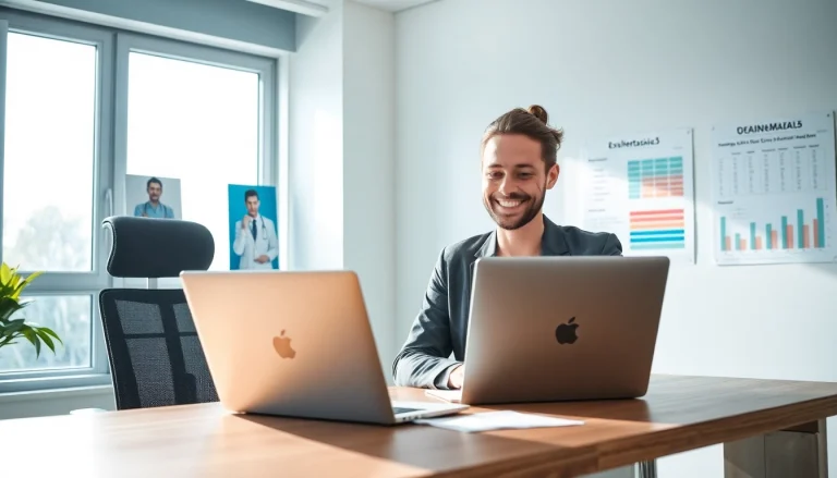 Headhunter Pflegekräfte an einem modernen Schreibtisch, umgeben von Pflegebildern und Statistiken, die Professionalität ausstrahlen.