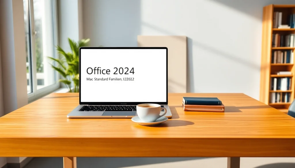 Verwenden Sie die Office 2024 Mac Standard Familienlizenz auf einem eleganten MacBook in einem modernen Arbeitsumfeld.
