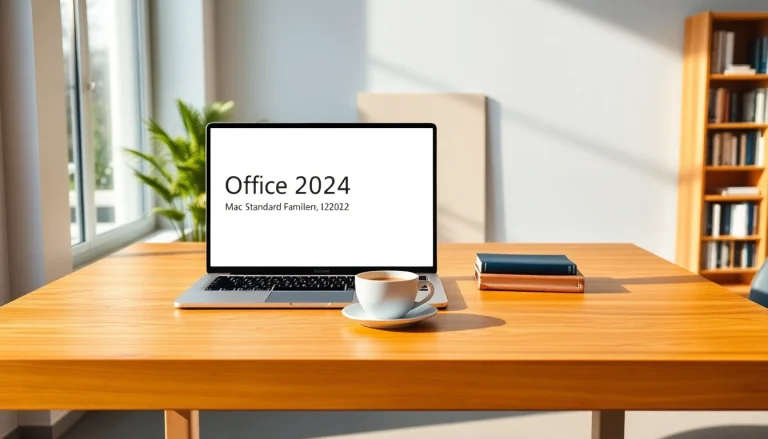 Verwenden Sie die Office 2024 Mac Standard Familienlizenz auf einem eleganten MacBook in einem modernen Arbeitsumfeld.