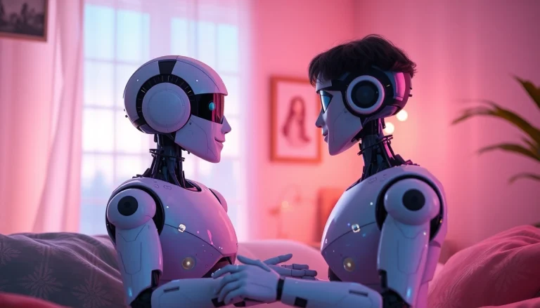 Engaging AI chat porn interaction between lovable chatbots in a cozy setting.