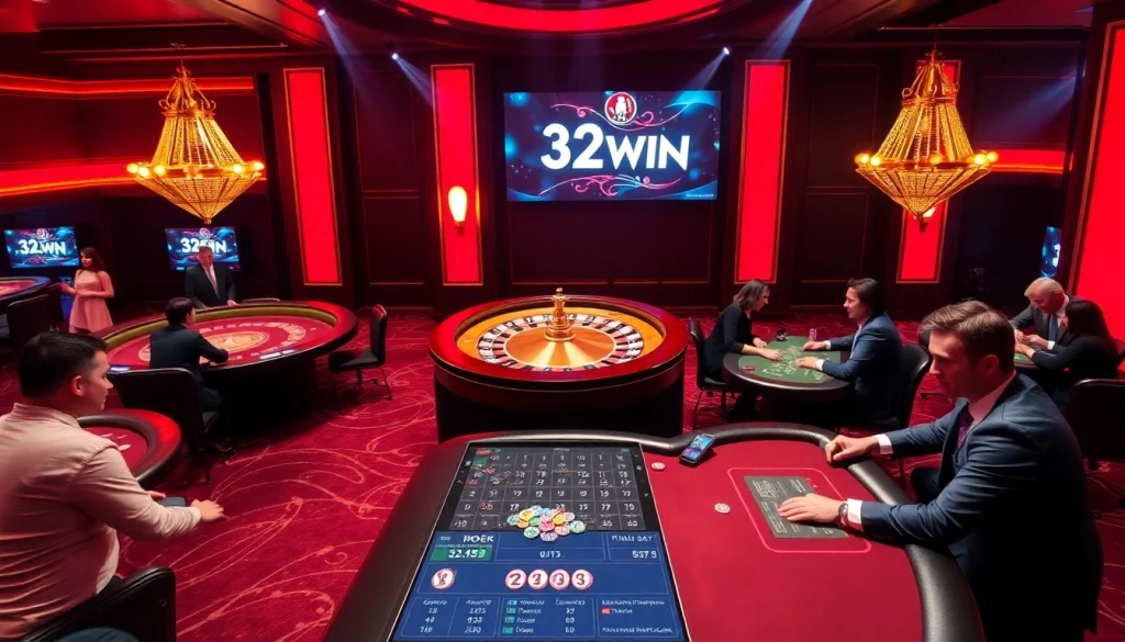 Players enjoying games at 32WIN casino, showcasing poker tables and a roulette wheel.