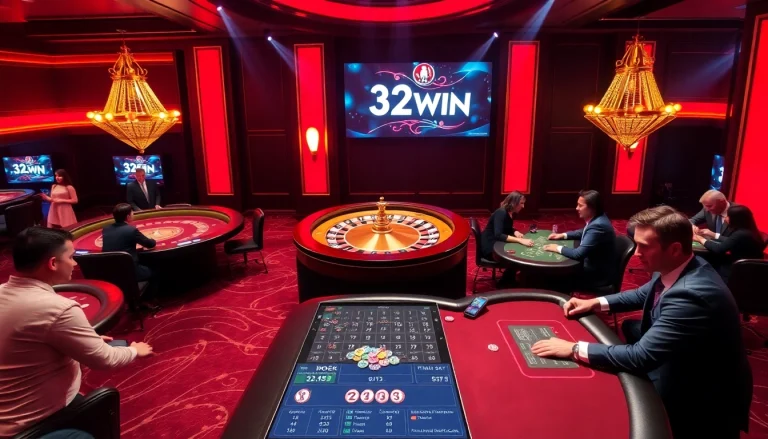 Players enjoying games at 32WIN casino, showcasing poker tables and a roulette wheel.