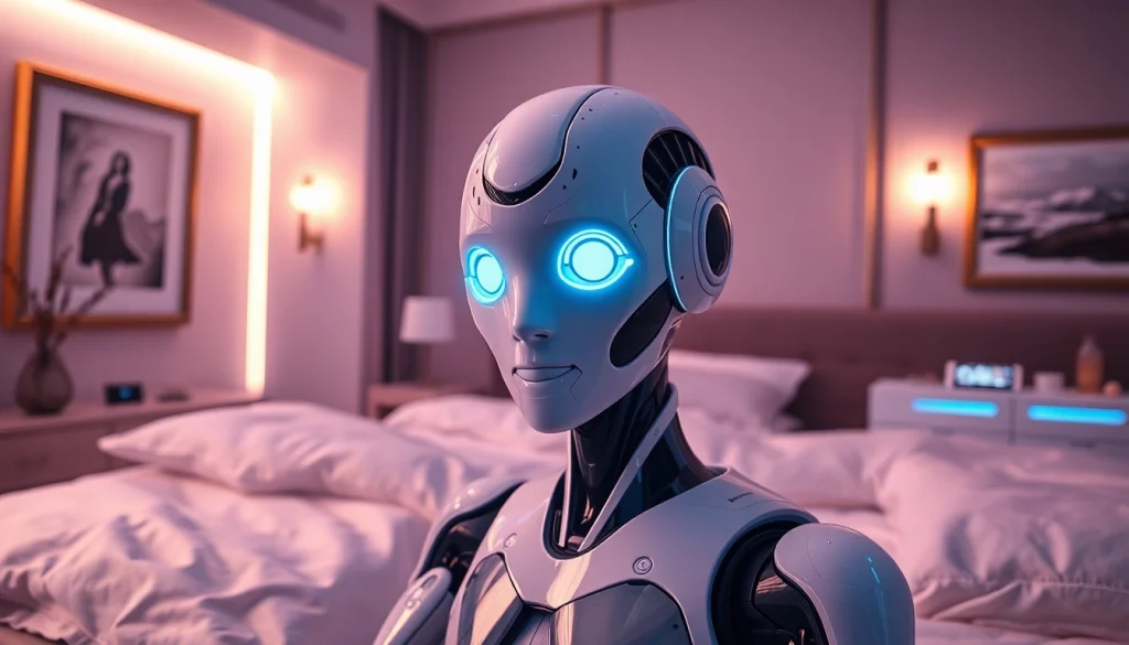 An advanced ai sex bot in a beautifully designed bedroom, showcasing futuristic technology and a friendly atmosphere.
