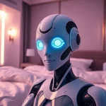 An advanced ai sex bot in a beautifully designed bedroom, showcasing futuristic technology and a friendly atmosphere.
