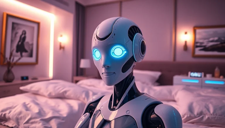 An advanced ai sex bot in a beautifully designed bedroom, showcasing futuristic technology and a friendly atmosphere.