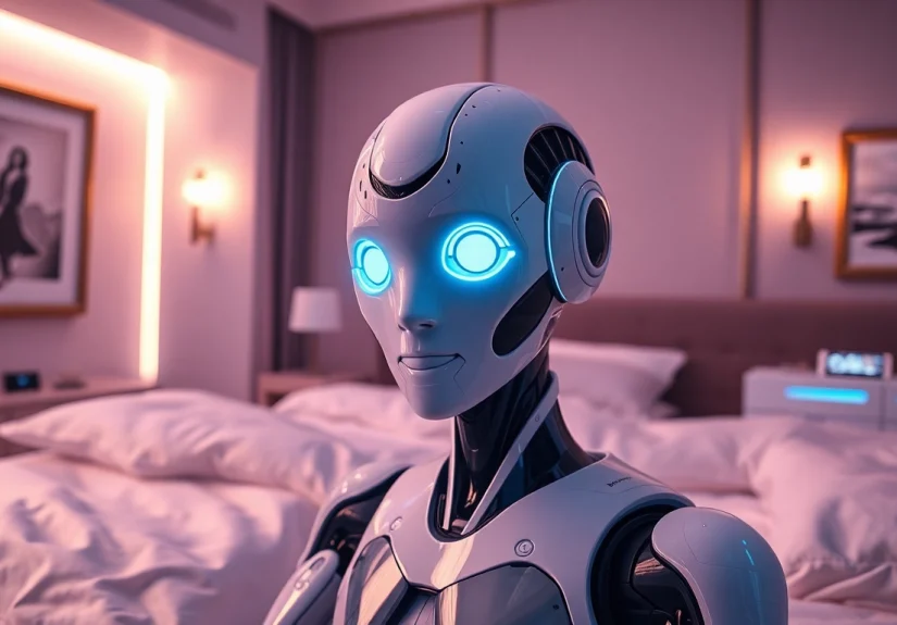An advanced ai sex bot in a beautifully designed bedroom, showcasing futuristic technology and a friendly atmosphere.
