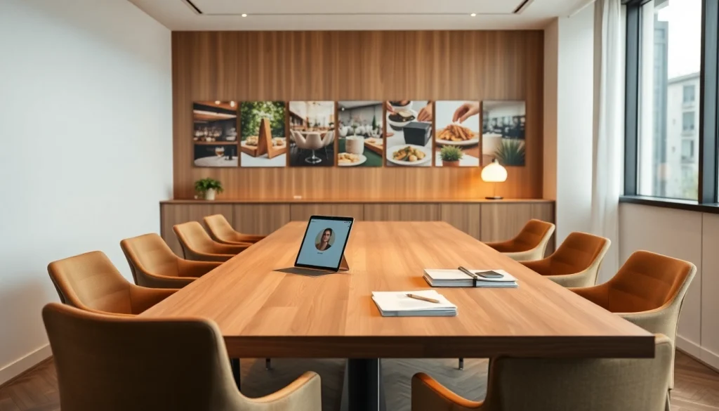 Visualisieren Sie die professionelle Umgebung eines Headhunters Gastronomie mit einem eleganten Bürotisch, der für Personalvermittlung verwendet wird.