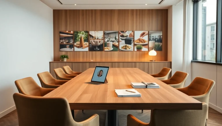 Visualisieren Sie die professionelle Umgebung eines Headhunters Gastronomie mit einem eleganten Bürotisch, der für Personalvermittlung verwendet wird.