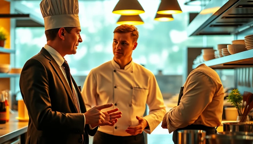 Headhunter Gastronomie engages with a chef in a vibrant kitchen setting.