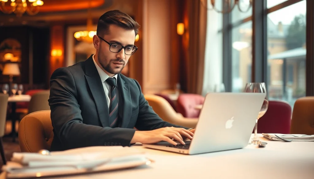 Headhunter Gastronomie bei der Arbeit in einem eleganten Restaurant, umgeben von stilvollen Möbeln und einem warmen Ambiente.
