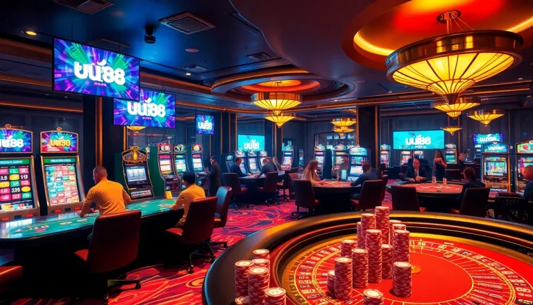 Dynamic gaming scene showcasing players at uu 88 casino tables with vibrant chips and slot machines.