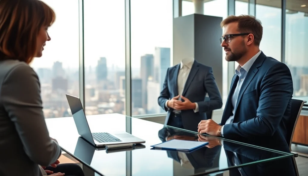 Headhunter Schweiz interviewt einen Kandidaten in einem modernen Büro mit urbanem Ausblick.