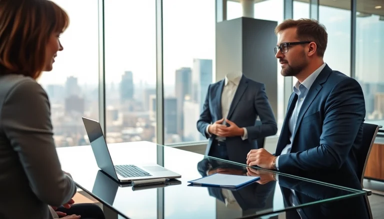Headhunter Schweiz interviewt einen Kandidaten in einem modernen Büro mit urbanem Ausblick.
