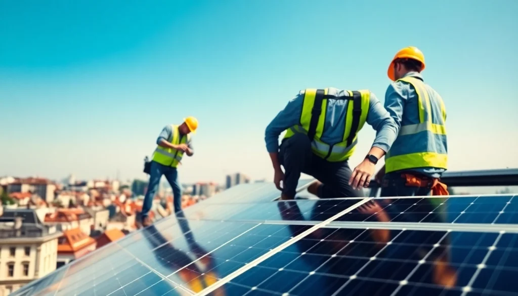 Installierung von PV anlagen wien auf einem städtischen Dach mit Technikern.