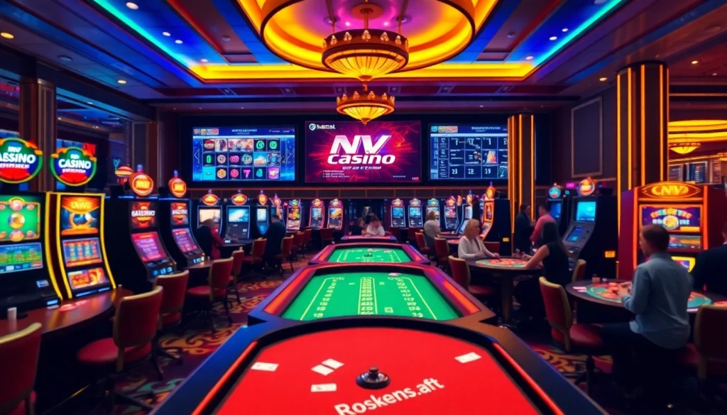 Spieler genießen ein aufregendes Erlebnis im NV Casino mit bunten Slotmaschinen und Spieltischen.