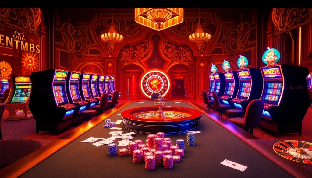 Experience the thrill of QQ88 gaming tables filled with vibrant poker chips and engaged players in an elegant casino.