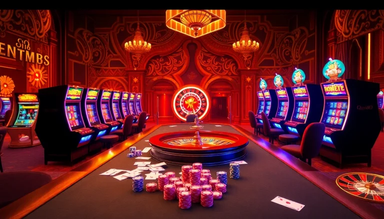Experience the thrill of QQ88 gaming tables filled with vibrant poker chips and engaged players in an elegant casino.
