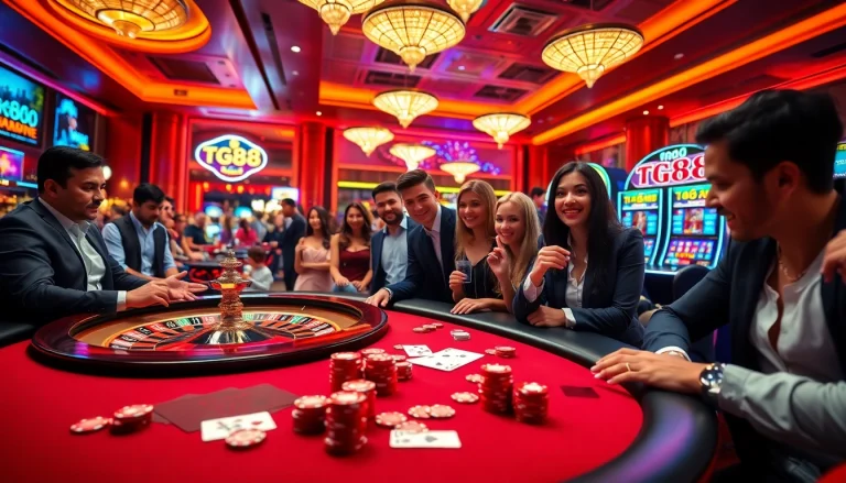 Gamblers engaging in high-stakes excitement at a tg88-themed casino table