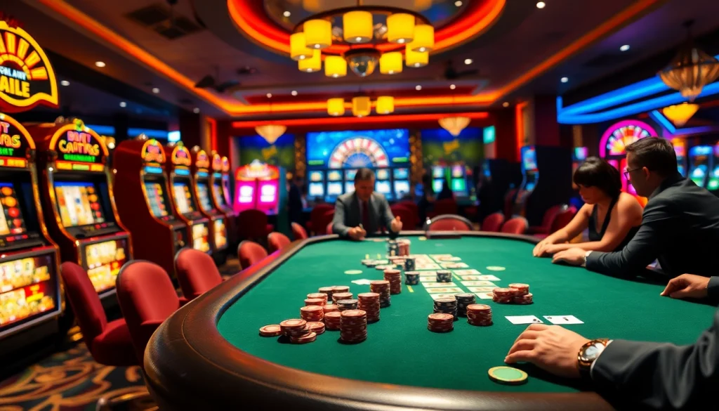 Experience thrilling poker action at https://x88ni.com/, surrounded by vibrant casino elements.
