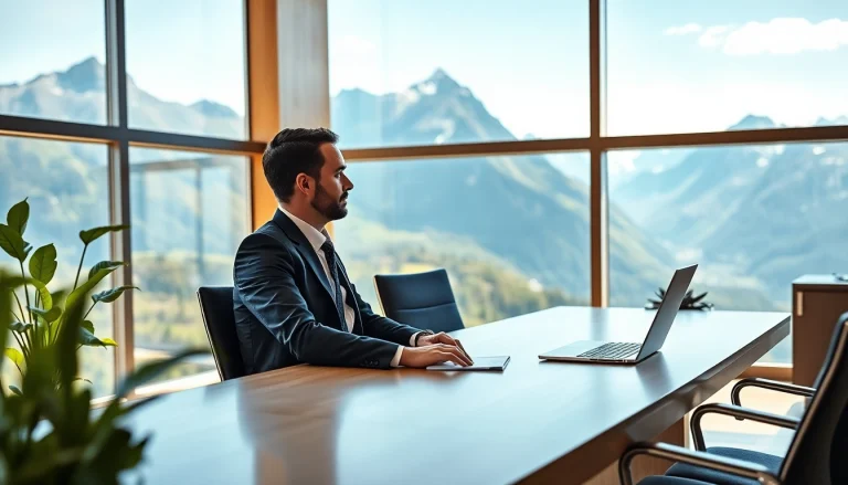 Headhunter Schweiz berät erfolgreich Klienten in einem modernen Büro mit Alpenblick.