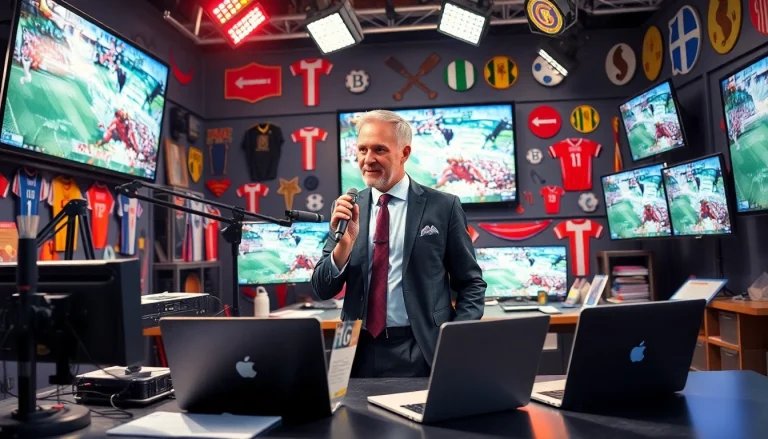 Engaging sports broadcasting studio scene featuring a dynamic broadcaster and professional equipment.