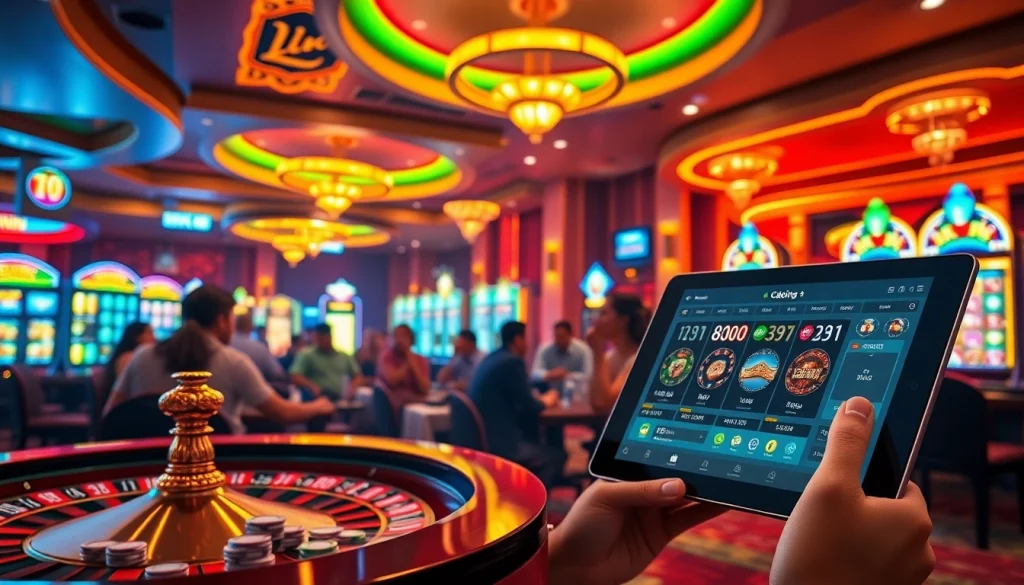 Players enjoying an exciting game experience at NV Casino with vibrant slot machines and poker chips.